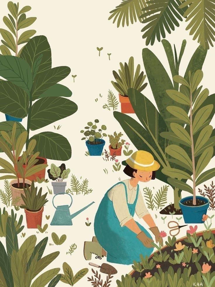 Illustration of a gardener tending to a lush garden